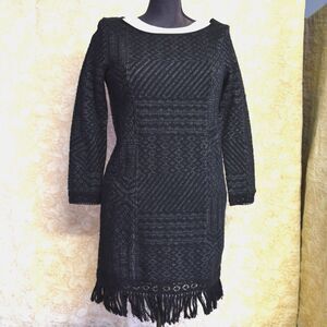 Lucky Brand Sz Sm Black Fringe Hem Long Sleeve Stretchy Sweater Dress Whimsigoth